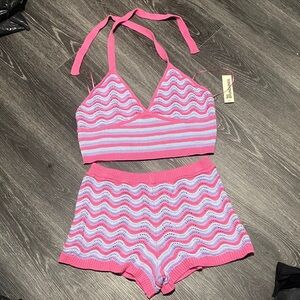 No Boundaries Pink & Lavender Striped Knit Halter Two-Piece Set